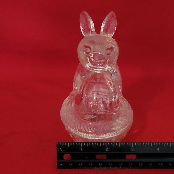 VTG Clear Glass Bunny Rabbit Nut on Nest Covered Trinket Oval Candy Dish Peach T - Picture 11 of 11